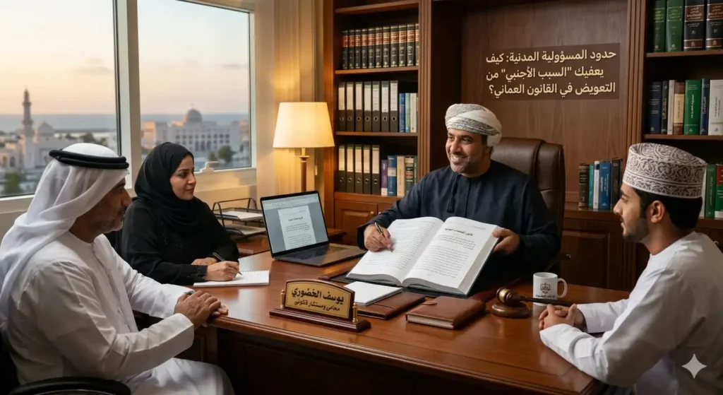 المحامي يوسف الخضوري يناقش قضية المسؤولية المدنية والتعويض في القانون العماني مع موكليه