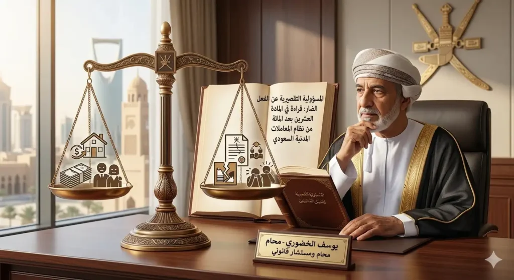 ميزان العدالة يوضح أركان المسؤولية التقصيرية والتعويض عن الفعل الضار في نظام المعاملات المدنية السعودي.