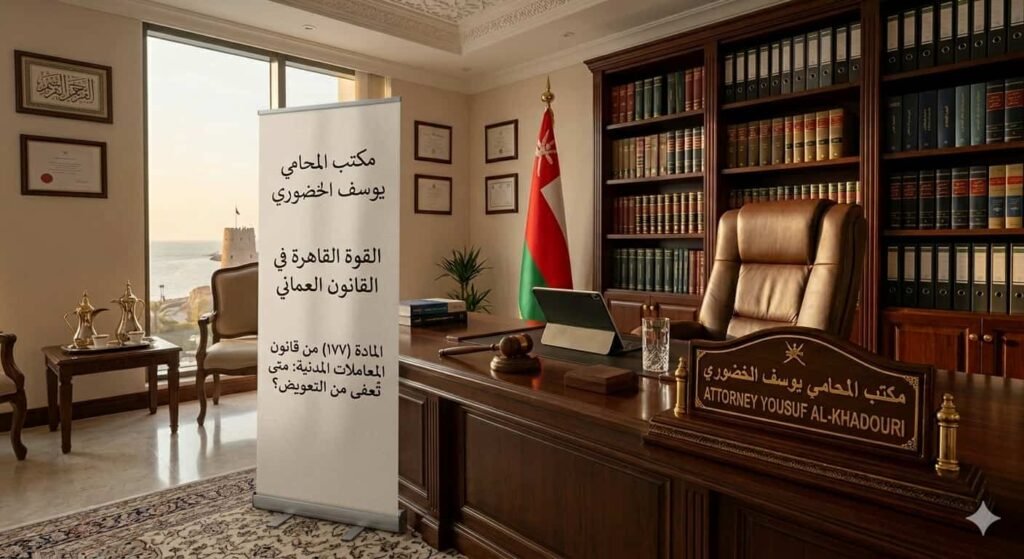 مكتب المحامي يوسف الخضوري يوضح مفهوم القوة القاهرة في القانون العماني والمادة 177 من قانون المعاملات المدنية.