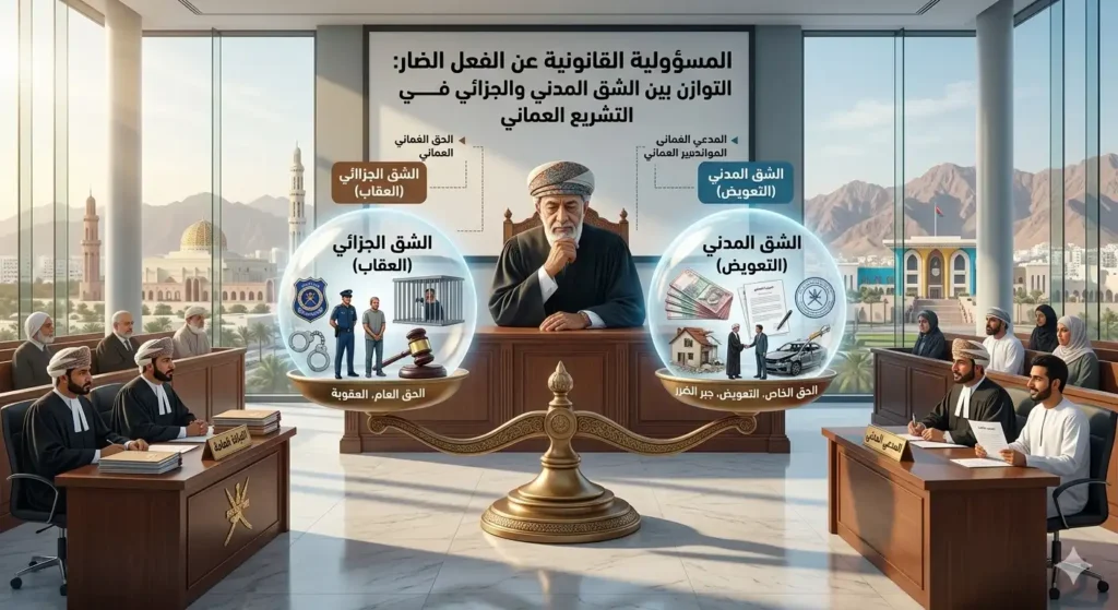 ميزان العدالة يوازن بين الشق المدني (التعويض) والشق الجزائي (العقوبة) في قانون المعاملات المدنية العُماني.