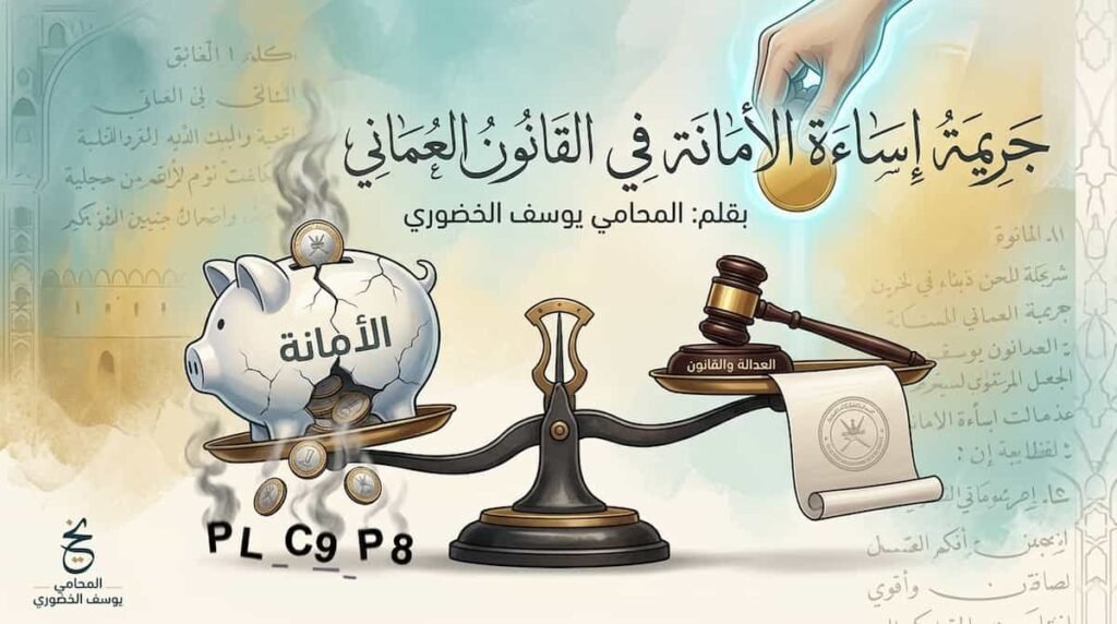 "صورة توضيحية لجريمة إساءة الأمانة في القانون العماني، تظهر ميزان العدالة مع المطرقة القضائية وحصالة نقود محطمة."