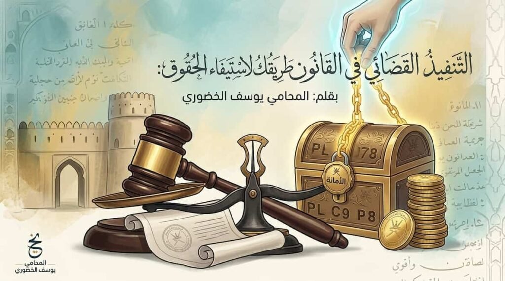 "صورة تعبيرية توضح إجراءات التنفيذ القضائي في القانون العماني، تظهر ميزان العدالة، المطرقة القضائية، وصندوق الحقوق المالية."