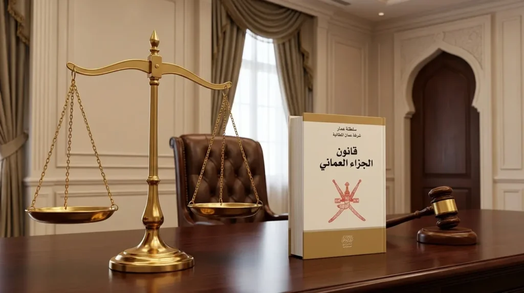 ميزان العدالة بجانب كتاب قانون الجزاء العماني ومطرقة القاضي على مكتب خشبي.