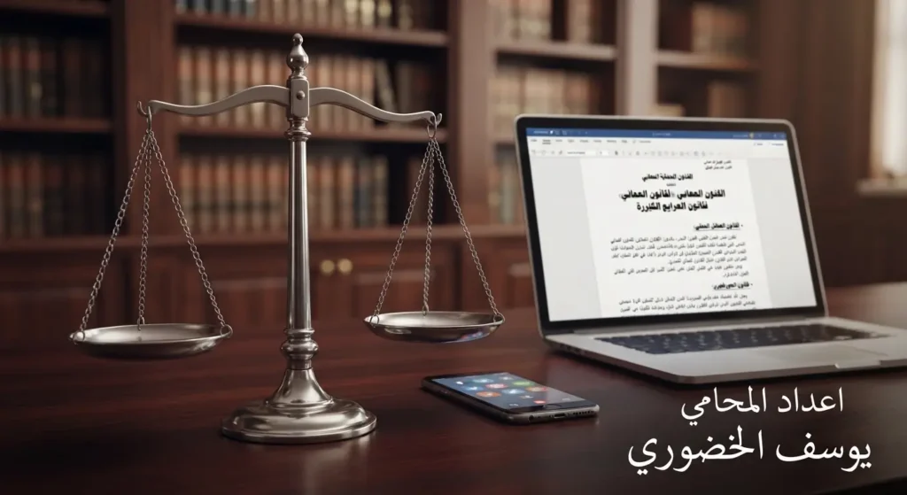 ميزان العدالة وجهاز حاسوب يوضح المسؤولية الجنائية في النشر الإلكتروني - إعداد المحامي يوسف الخضوري