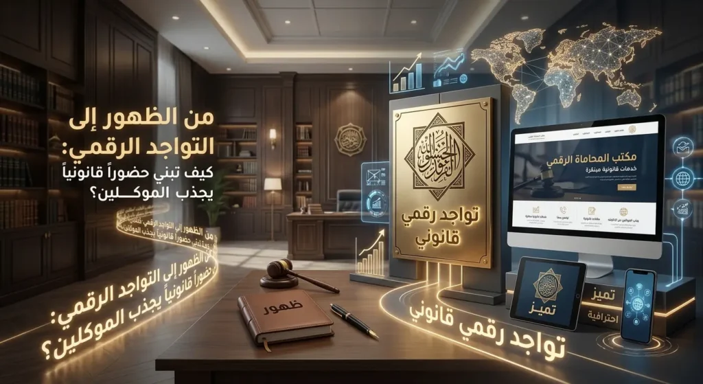 شاشة إحصائيات تظهر تحقيق +227 ألف ظهور لمحتوى قانوني متخصص، تستخدم كدليل نجاح لاستقطاب مكاتب المحاماة في الأنظمة الخليجية